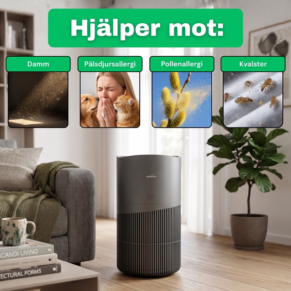 SE: CleanFriend AirFlow70™ PRO luftrenare hjälper mot damm, pälsdjursallergi, pollen och kvalster