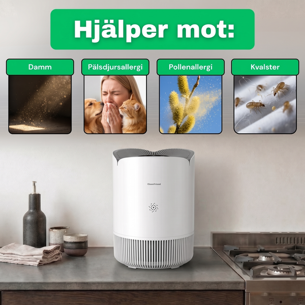 SE: CleanFriend AirFlow30™ luftrenare hjälper mot damm, pälsdjursallergi, pollen och kvalster