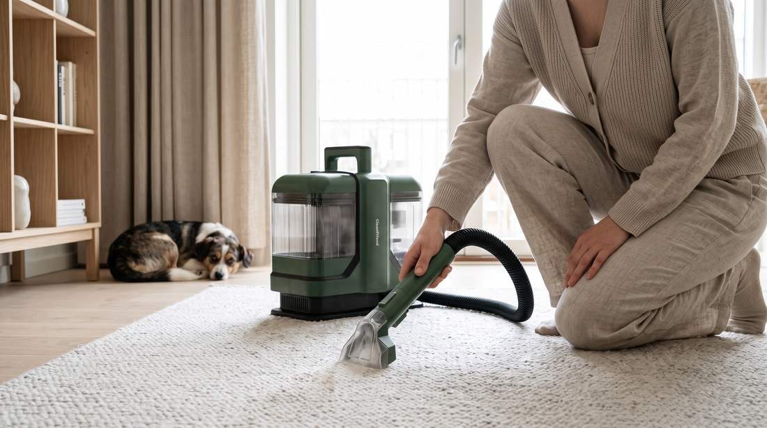 Urinlugt fjernes fra lyst tæppe med CleanFriend SpotCleaner™ Tæpperenser, hund i baggrunden
