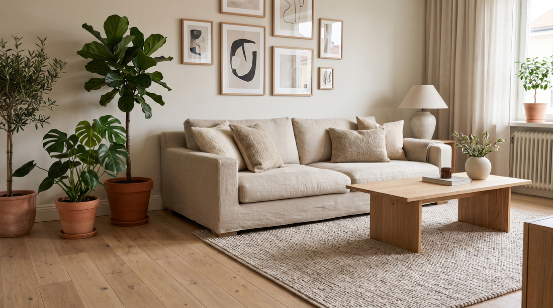 Ryddelig skandinavisk stue med rent gulv og sofa