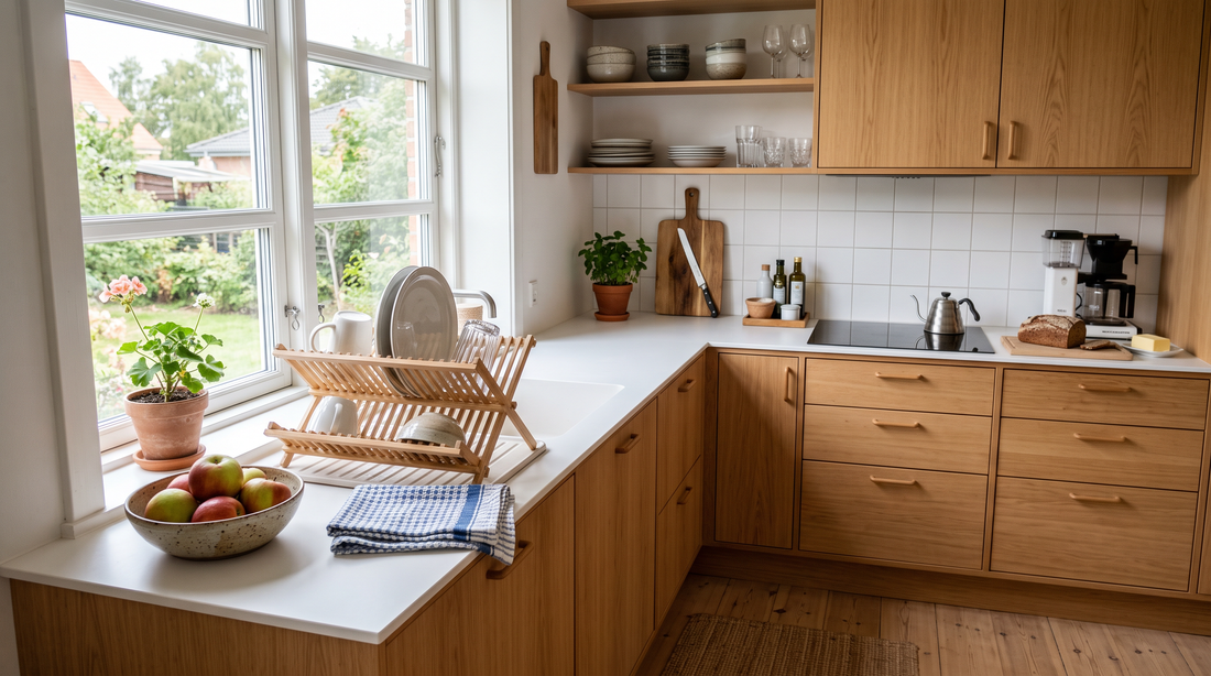 Rent dansk familiekøkken i morgenlys efter rengøring af ovn og køkken