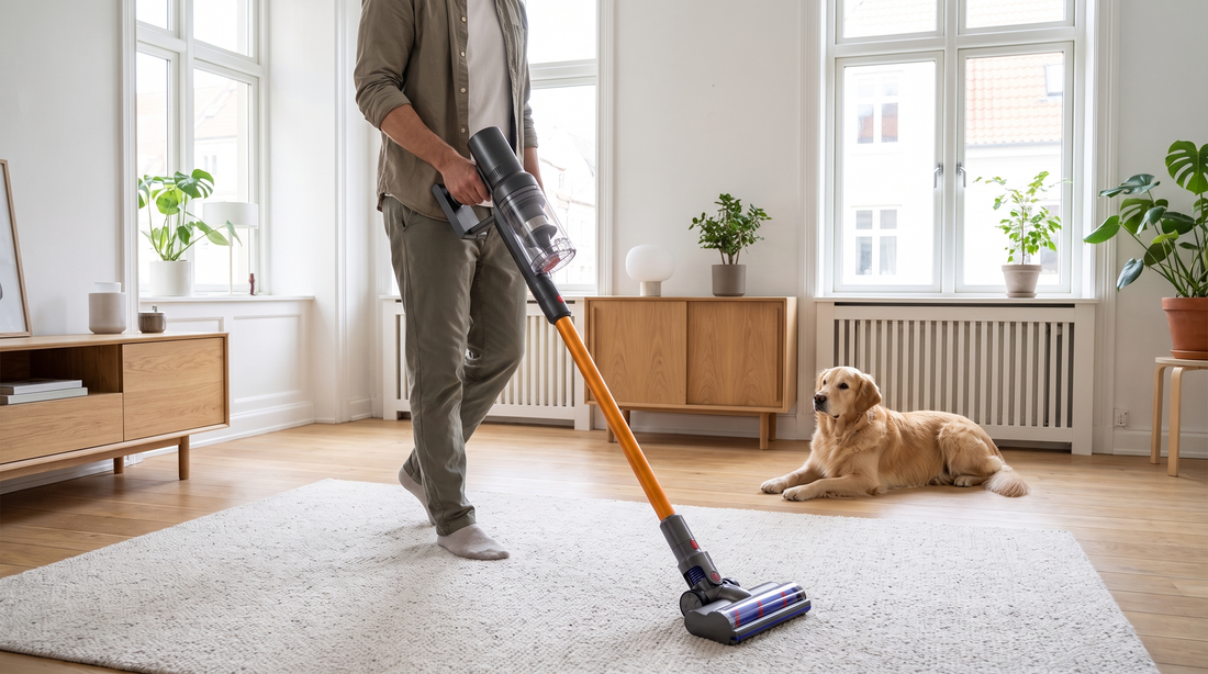 Mand støvsuger tæppe med CleanFriend Absolute ledningsfri støvsuger, hund i baggrunden