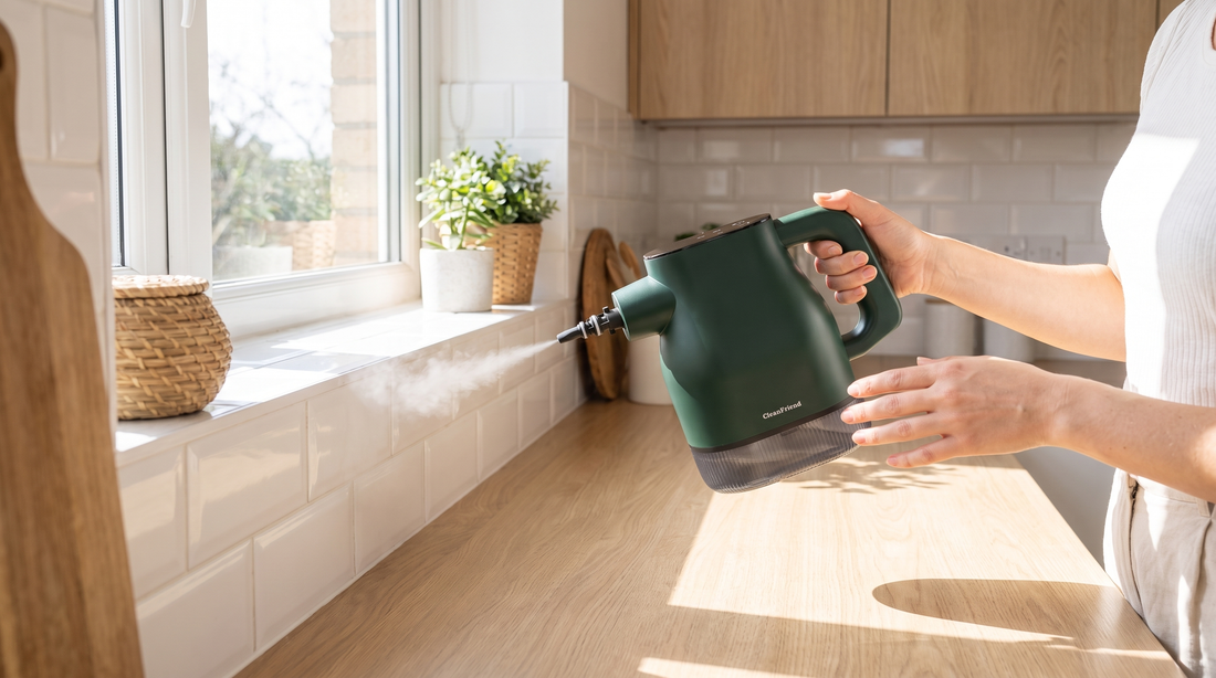 Fedt fjernes fra køkkenets flisevæg med damp fra CleanFriend PureSteam™ Damprenser