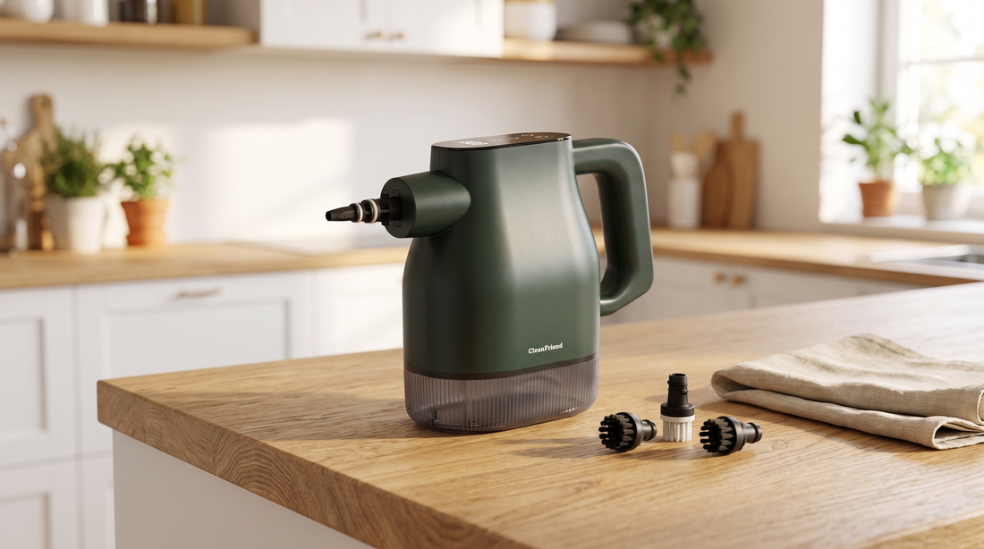 CleanFriend PureSteam damprenser med tilbehør på køkkenbordplade