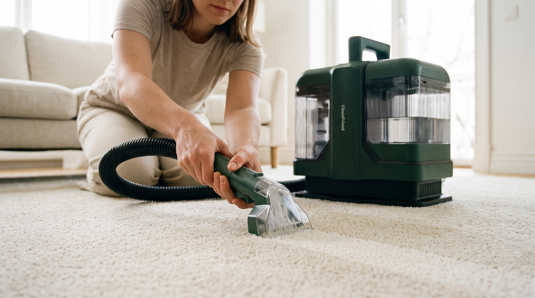 Tæpperenserens mundstykke trækkes i lige baner over tæppet med CleanFriend SpotCleaner