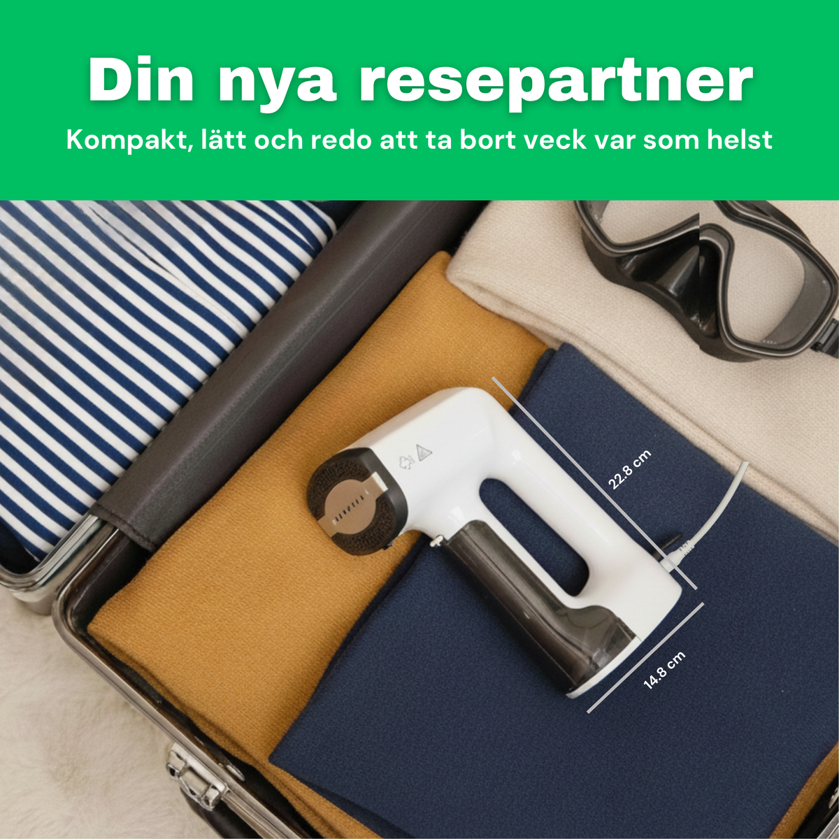 SE: CleanFriend Steamy™ steamer nedpackad i resväska, kompakt resestorlek