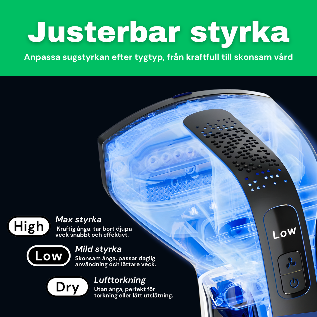 SE: Justerbar styrka på CleanFriend Steamy™ med lägena High, Low och Dry