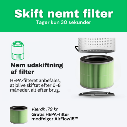 CleanFriend AirFlow15™ luftrenser – med medfølgende HEPA-filter