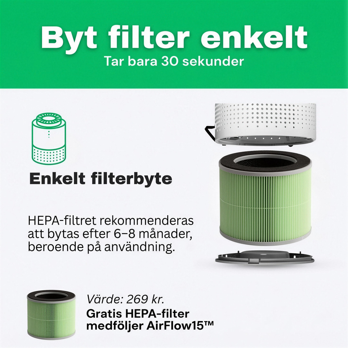 SE: Enkelt filterbyte på CleanFriend AirFlow15™ luftrenare, gratis HEPA-filter medföljer