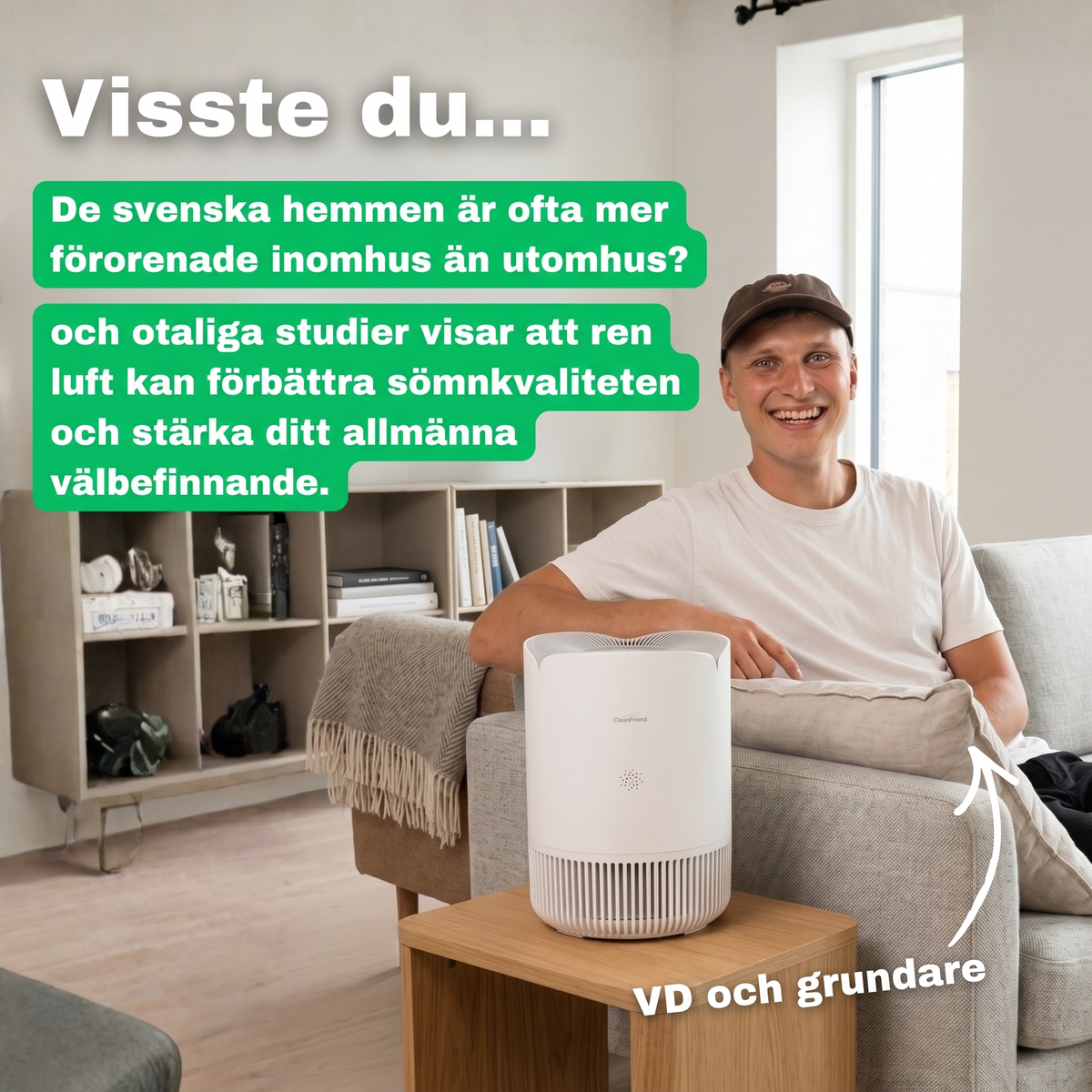 SE: CleanFriend grundare med AirFlow30™ luftrenare i vardagsrummet