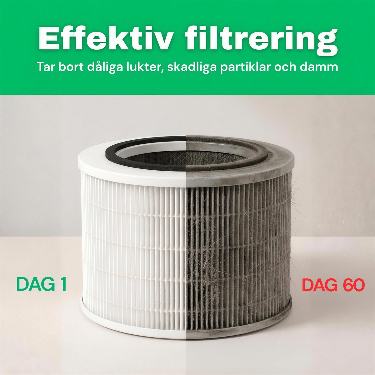 SE: Effektiv filtrering, HEPA-filter i CleanFriend AirFlow30™ efter dag 1 och dag 60